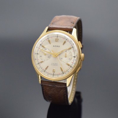AERO Armbandchronograph in GG 585/000, Schweiz um 1950, Handaufzug, 4-teil. Geh., Boden, Glasrand & Metallcuv. aufgedr., silb. Zifferbl. m. aufges. ...