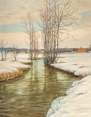 Karl Wähmann, 1897 Finkenstein - 1981 Wasserburg, Winterlandschaft mit Flusslauf, rechts unten signiert, Öl/Lwd, Alterssp., Rahmen 83x66 cm