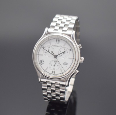 TIFFANY & CO. Armbandchronograph, quarz, Edelstahlgeh. inkl. Gliederband m. dopp. Faltschl., Boden aufgedr., emailfarb. Zifferbl. m. röm. Std., Anz. ...