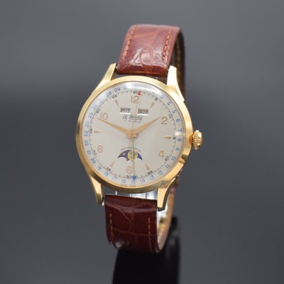 LE PHARE Herrenarmbanduhr mit Vollkalenderanzeige in Roségold 750/000, Handaufzug, Schweiz um 1950, Boden & Glasrand aufgedr., vers. Bl., Anz. v. ...