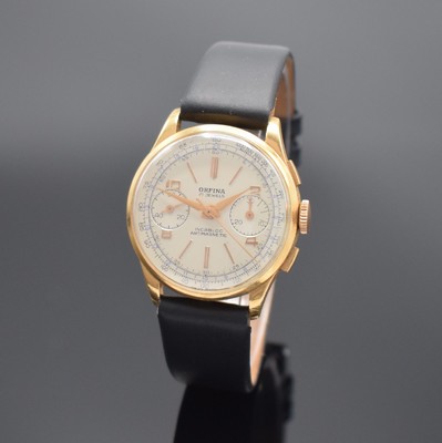 ORFINA Armbandchronograph in Roségold 750/000, Schweiz um 1950, Glasrand, Boden & verg. Cuv. aufgedr., silb. Zifferbl., 30 Min.- Stoppz., Kal. ...