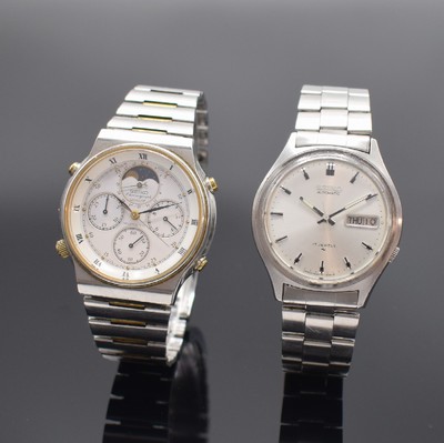 Konvolut 2 SEIKO Armbanduhren, Japan um 1980/90, 1 x Automatik, Edelstahlgeh., Boden verschr., neutr. Gliederband m. Faltschl., silb. Zifferbl. m. ...