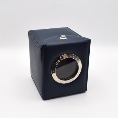 UNDERWOOD LONDON / BUCHERER Uhrenbeweger, Batterie- & Netzbetrieb, blauer Lederbezug, Sichtfenster, M. ca. 13 x 11 x 12,5 cm, ohne Netzteil, Kurztest ...