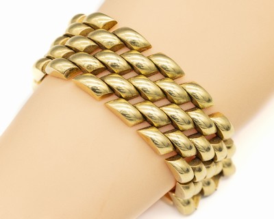 18 kt Gold Armband, GG 750/000, 5-rhg. Backsteinoptik, L. ca. 20 cm, Kastenschloss mit 2 Sicherheitsachten, ca. 76.1 g
