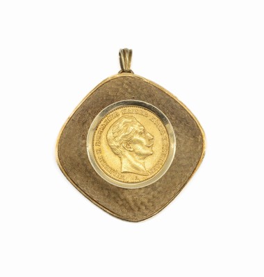 14 kt Gold Münz-Brosche, GG 585/000, 1950erJahre, quadratisch mit abgerundeten Ecken, mittig gefasste 20 Mark Goldmünze, Deutsches Reich Kaiser ...
