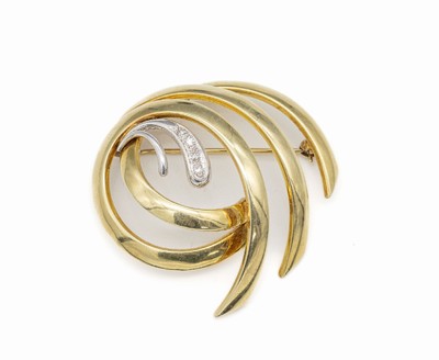 14 kt Gold Diamant-Brosche, GG/WG 585/000, 1960er-Jahre, geschwungen, mit 4 kl. 8/8 -Diamanten, ca. 4.5 x 4.5 cm, ca. 10.6 g