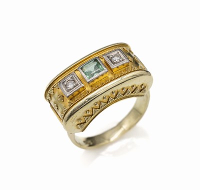 14 kt Gold Diamant-Farbstein-Ring, 1950er Jahre GG/WG 585/000, aufwendige Granulation, 2 in WG gefasste Brillanten zus. ca. 0.10 ct Weiß/si, RW 59, ...