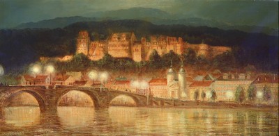 Peter Samberger, Künstler des 20.Jh., Studium an der Akademie Wien, Ansicht aus Heidelberg, nächtlicher Blick über die Alte Brücke auf das ...