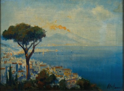 Otto Hamel, 1866 Erfurt-1950 Lohr am Main, Blick auf die Amalfiküste, im Hintergrund der rauchende Vesuv, Öl/Lwd, rechts unten signiert, ca. ...