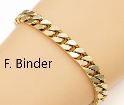 14 kt Gold Flachpanzerarmband, GG 585/000, Meistermarke F. Binder Mönsheim, L ca. 21.5 cm, Kastenschloß mit 2 Sicherheitsachten, total ca. 51.6 g