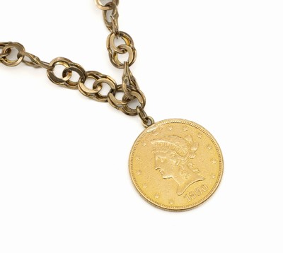 10 Dollar Goldmünze USA 1880, gehenkelt, an 8 kt Gold Armband, GG 333/000, L. ca. 21 cm, ca. 26.0 g