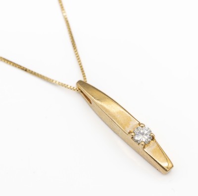 14 kt Gold Brillant-Anhänger, Brillant ca. 0.15 ct l.get.Weiß/si, GG 585/000, L ca. 45 cm, total ca. 3.0 g