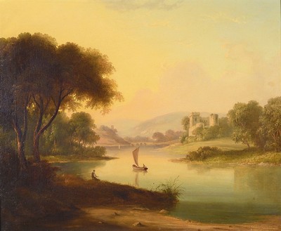 Unbekannter Spätromantiker, Mitte/Ende 19.Jh., romantische Flusslandschaft im Abendlicht, gesäumt von Burgruinen und Personen, Öl/Lwd, rest., ...