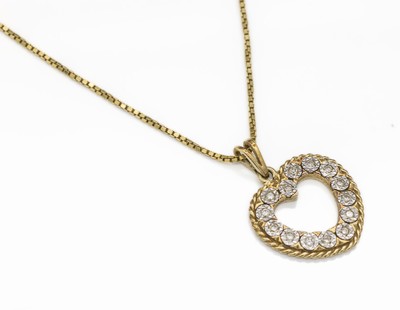 14 kt Gold Diamant-Anhänger, GG/WG 585/000,Anhänger in Herzform mit 14 8/8-Diam. zus. ca.0.07 ct Weiß/si, an GG Kette L. ca. 44 cm, ...