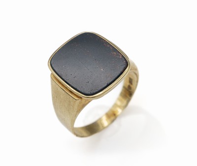 14 kt Gold Herrenring, GG 585/000, Heliotrop Platte, frei, total ca. 9.6 g, RW 68