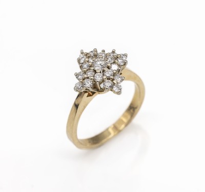 14 kt Gold Brillant-Ring, GG 585/000, 21 Brillanten zus. ca. 0.65 ct Weiß/si, ca. 5.0 g, RW 58