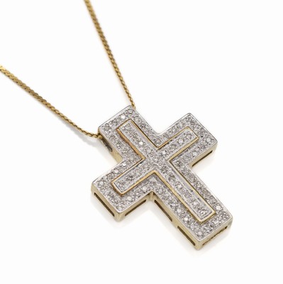 14 kt Gold Diamant-Kreuz-Anhänger, GG/WG 585/000, an Kette, Federringschließe, L.ca. 39 cm, Anhänger bes. mit 70 Diamanten zus.ca. 0.35 ct ...