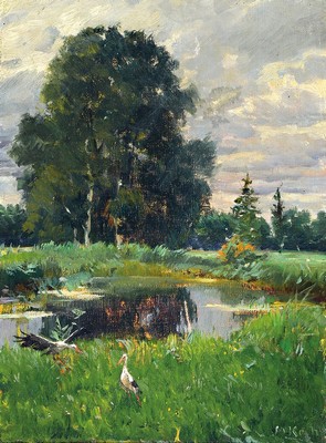 Michel Koch, 1853-1927, belebte Landschaft, Waldlichtung mit Teich und zwei Störchen im dichten Grün, rechts unten signiert, Öl/Lwd, rest., ...