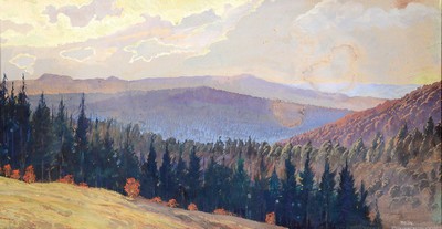 Pedro Ernst Schmiegelow, 1863 Hamburg - 1943 Fulda, "Rhön", so bez., herbstliche Rhönlandschaft, rechts unten signiert u. datiert 1919, ...