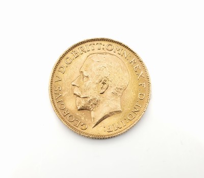Goldmünze Sovereign 1927, Georg V., RS: St. Georg hoch zu Ross mit dem Drachen kämpfend