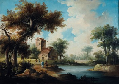Unbekannter Maler, Niederlande, 19. Jh., Flußuferlandschaft mit Gebäuden und Personen, Öl/Lwd, ca. 50x70cm, R. ca. 64x84cm
