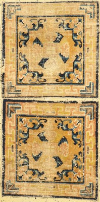 2 Ning Hsia Sitzbankteppiche, China, 19.Jhd, Wolle auf Baumwolle, ca. 63 x 63 cm, EHZ: 3