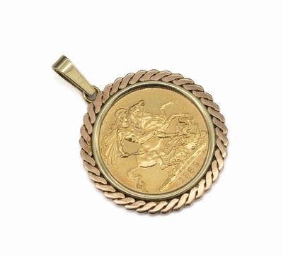 14 kt Gold Münzanhänger, GG 585/000, Goldmünze Sovereign England 1988, Queen Elisabeth II, schlichte Rahmung, D. ca. 2.8 cmca. 10.3 g