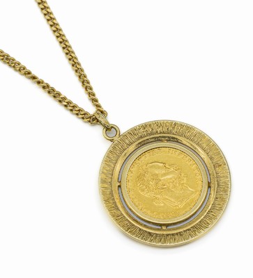 14 kt Gold Münzanhänger, GG 585/000, Goldmünze 1 Dukat Österreich 1915 offizielle Nachprägung, schlichte Rahmung, D. ca. 3.1 cm,an Kette, GG ...