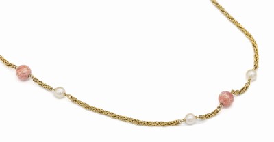 14 kt Gold Rhodochrosit-Zuchtperl-Collier, GG 585/000 gepr., endlos, gekordelt, 7 Rhodochrosit-Kugeln, D. ca. 9 mm, 14 Zuchtperlen D. ca. 6 mm, L. ...
