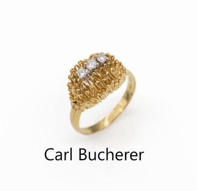 18 kt Gold Brillant-Ring, GG/WG 750/000, abstrakte Gestaltung, 3 erhaben in WG gefassteBrillanten zus. ca. 0.17 ct Weiß/si, RW 54, ca. 5.3 g, ...