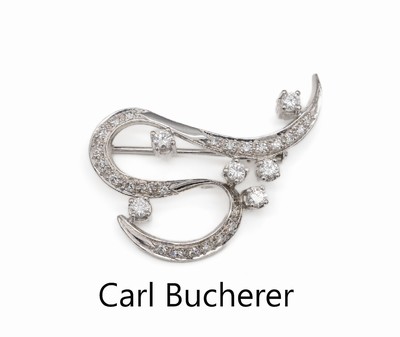 18 kt Gold Diamant-Brosche, WG 750/000, geschwungene Gestaltung, 6 Brillanten und 24 8/8-Diamanten zus. ca. 0.80 ct feines Weiß- Weiß/vs-si, ca. ...