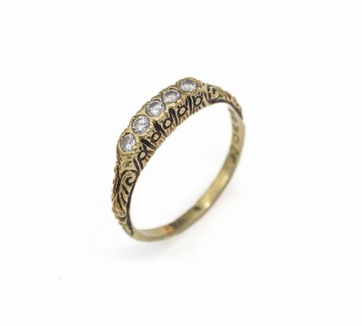 14 kt Gold Brillant-Ring, GG 585/000, Ringschultern grav., 5 Brillanten zus. ca. 0.20 ct feines Weiß/si, RW 56, ca. 2.5 g
