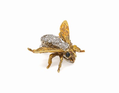 18 kt Gold Diamant-Brosche "Insekt", GG 750/000, Körper besetzt mit 17 8/8-Diamanten zus. ca. 0.16 ct Weiß/p, Augen mit 2 rundfacett. ...