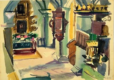 Erich Hartmann, 1886 - 1974, Interieur, Aquarell auf Ingres-Papier mit Wasserzeichen, auf der Rückseite Stempel "Stempel Nachlass Erich ...