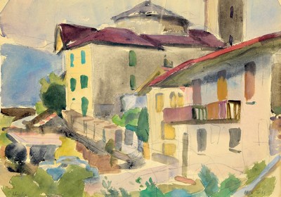 Erich Hartmann, 1886 - 1974, Landschaft mit Häusern, Aquarell auf Ingres-Papier mit Wasserzeichen, auf der Rückseite Stempel "Stempel Nachlass ...