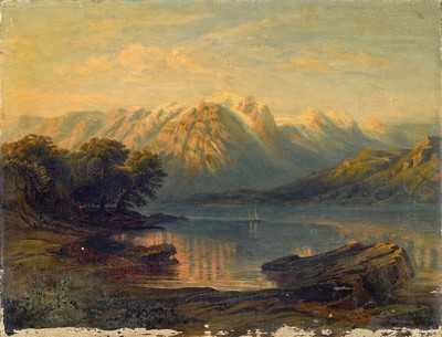 Unbekannter Künstler des 19.Jh., See mit abendlichem Alpenpanorama, rechts unten fragmentarisch signiert, Öl/Lwd, besch., rest., 33x43 cm