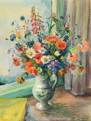Wilhelm Wagner, 1887 Hanau-1968 Bad Saarow, Stillleben mit Feldblumenstrauß vor Fenster, Aquarell auf Papier, ca. 43x33cm, PP, u.Gl., R. ca. ...