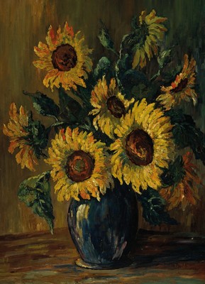 H. Botte, datiert 1953, Stillleben mit Sonnenblumen, Öl/Hartfaser, rechts unten signiert und dat., ca. 55x41cm, R. ca. 69x54cm