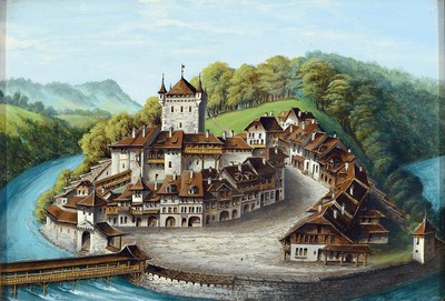 Zwei historische Darstellungen, 19. Jh., Gouache, a. Stadtburg Nydegg in Bern in ihrem mittelalterlichen Zustand des 13.Jh., b. Zeughaus in Bern mit ...