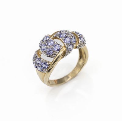 9 kt Gold Tansanit-Ring, GG/WG 375/000, 24 rundfacett. Tansanite zus. ca. 1.0 ct, total ca. 3.6 g, RW 53