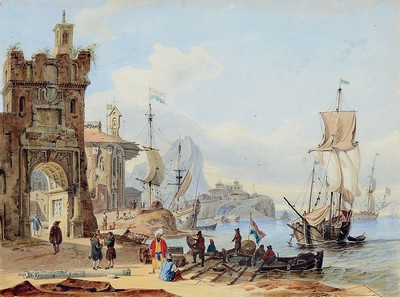 Carl Friedrich Heinrich Werner, 1808 Weimar - 1894 Leipzig, lebhafte Hafenszene, Aquarell über Bleistift auf Papier, li. unten mit Bleistift ...