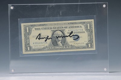Andy Warhol, 1928-1987, "Dollar", zwischen Plexiglas, dieser mit Magnet befestigt, sign. ca. 6,5x15,5 cm, gesamt ca. 15x20cm, mit ...