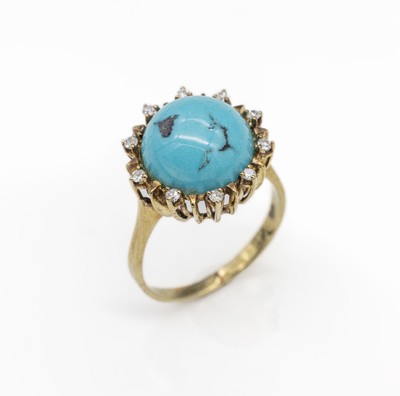 14 kt Gold Türkis-Diamant-Ring, GG 585/000, Türkismatrixcabochon D ca. 11 mm, 10 8/8- Diamanten zus. ca. 0.15 ct (grav.) Weiß/si, total ca. 5.1 g, ...