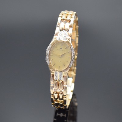 BONARD Damenarmbanduhr in GG 585/000, Schweiz um 1985, quarz, 2-teil. Geh., Boden aufgedr., Lünette wie Bandanst. aufw. m. Brillanten bes., gold. ...