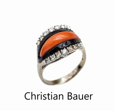 18 kt Gold Brillant-Onyx-Korallen-Ring, WG 750/000, Meistermarke CHRISTIAN BAUER, hoher Aufbau mit 2 Onyxstreifen und 1 Korallen-Streifen, 14 ...