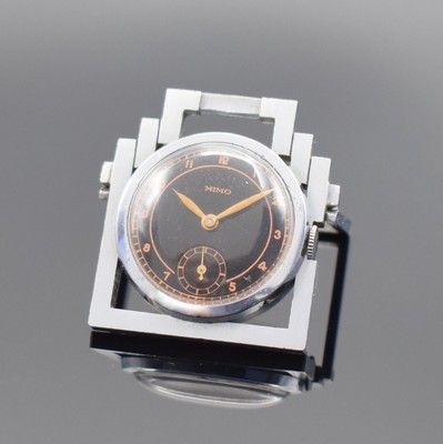 MIMO Watch Co. kleine Reiseuhr, Schweiz um 1930, Handaufzug, aufstellbares, beidseitig vergl. Stahlgehäuse, teils verchr., schwarzes Zifferbl. m. ...