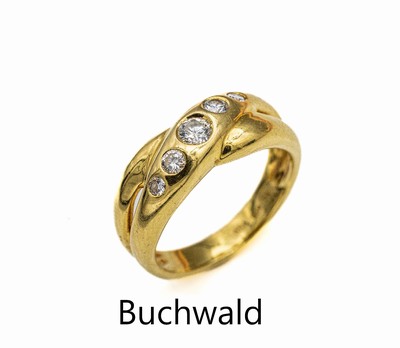 18 kt Gold Brillant-Ring, GG 750/000, Meistermarke H.P. BUCHWALD, 5 Brillanten zus. ca. 0.30 ct feines Weiß/si, ca. 6.4 g, RW 55