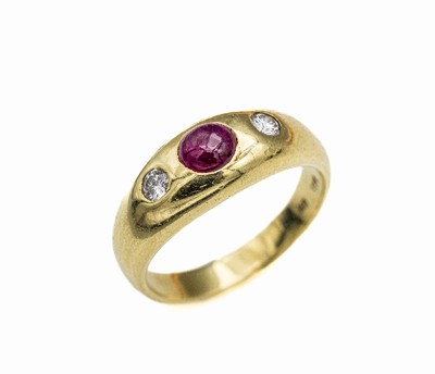 14 kt Gold Rubin-Brillant-Ring, GG 585/ 000, Meistermarke "UH" unged., 1 Rubin- Cabochon ca. 0.70 ct, 2 Brillanten zus. ca. 0.20 ct feines ...
