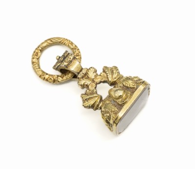 Gold Siegelanhänger/Petschaft um 1880, vergoldet, abstr. floraler Dekor mit Akanthusblättern, Siegelplatte weißer Achat unbeschnitten, wohl sek., ...