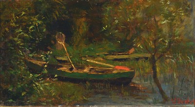 Wilhelm Oertel, 1870 Frankfurt a.M. - 1933 Mannheim, am Teich, intime Parklandschaft mit Fischerboot, rechts unten signiert, Öl/Lwd, doubliert, ...